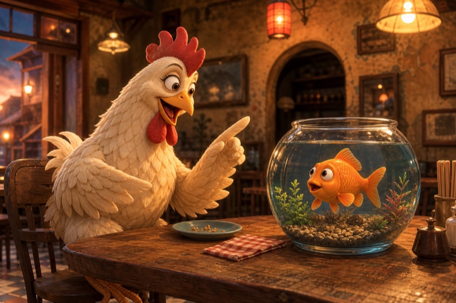 Chicken talking to a fish inside an old restaurant in 3D style.