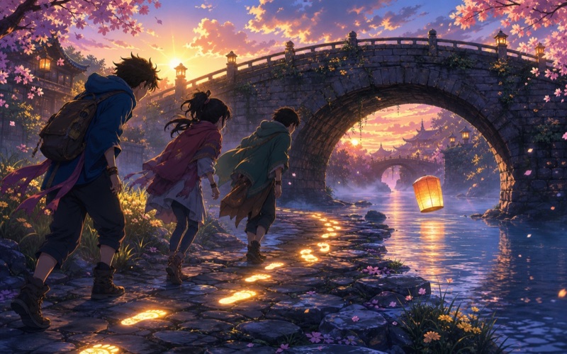 A glowing lantern bridge scene in anime style
