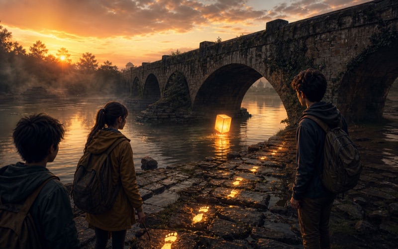 A glowing lantern bridge scene in cinematic style