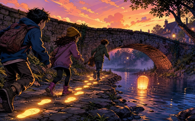 A glowing lantern bridge scene in comic style