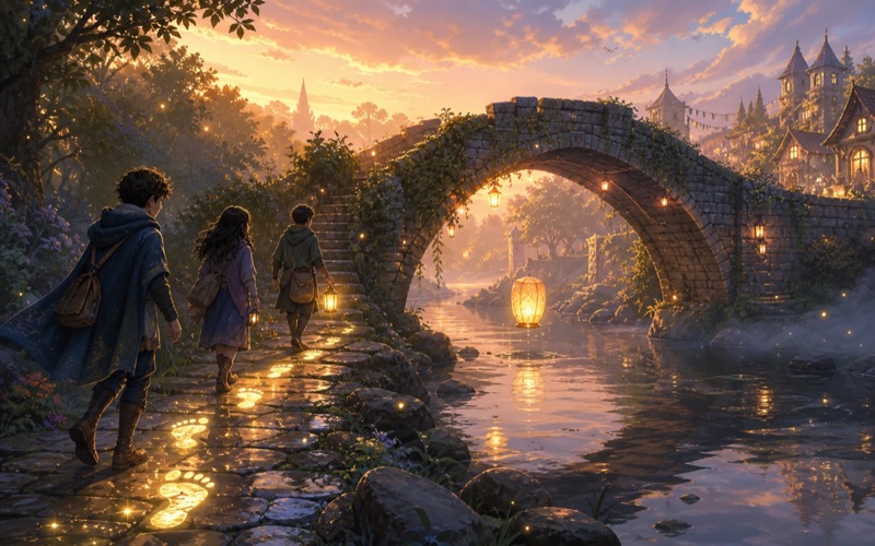 A glowing lantern bridge scene in fantasy style