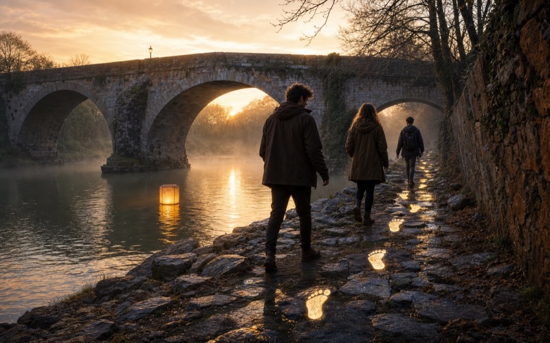 A glowing lantern bridge scene in realistic style